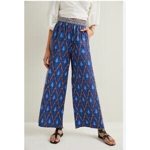 Anthropologie Womens Vale Blue Aztec Printed Wide Leg Pull On Pants SMALL
